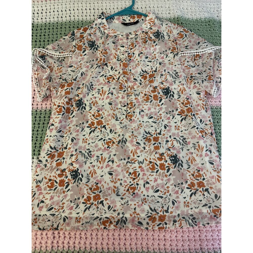EUC DOKOTOO Womens Medium 1/2 Button Up Short Sleeve Blouse Floral Lined Tunic
